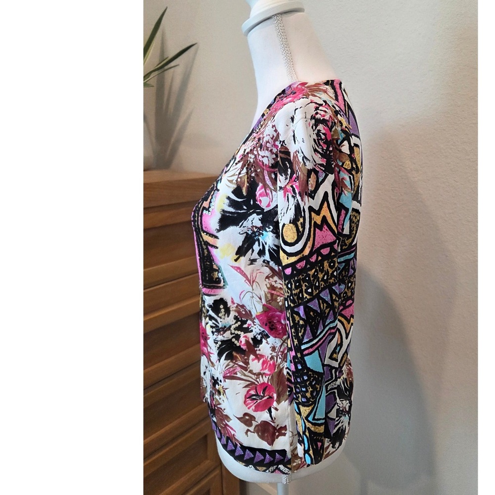 Alberto Makali XL Womens V-Neck 3/4 Sleeve Sequin Geometric Floral Maximalist - Picture 5 of 9